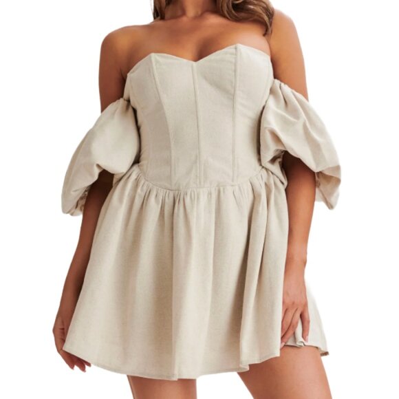 NWT Meshki Sina Ruffle-Sleeve Mini Dress Beige Linen Blend Boutique Designer XS - Picture 3 of 15